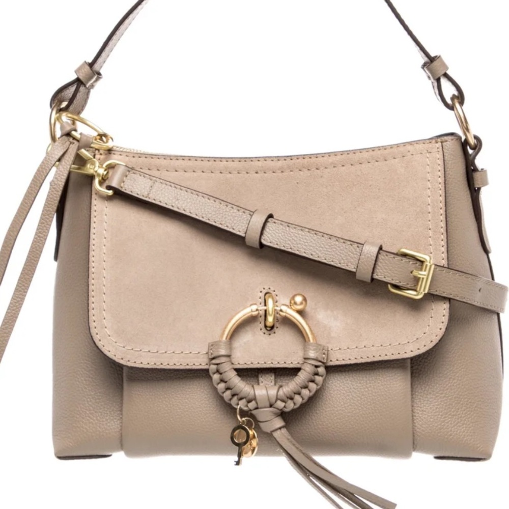 See By Chloé Taupe Leather & Suede Shoulder Bag with Gold Ring Detail
